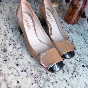 Prada Tan and Black Patent Leather Block Heel Pumps with Silver Buckle